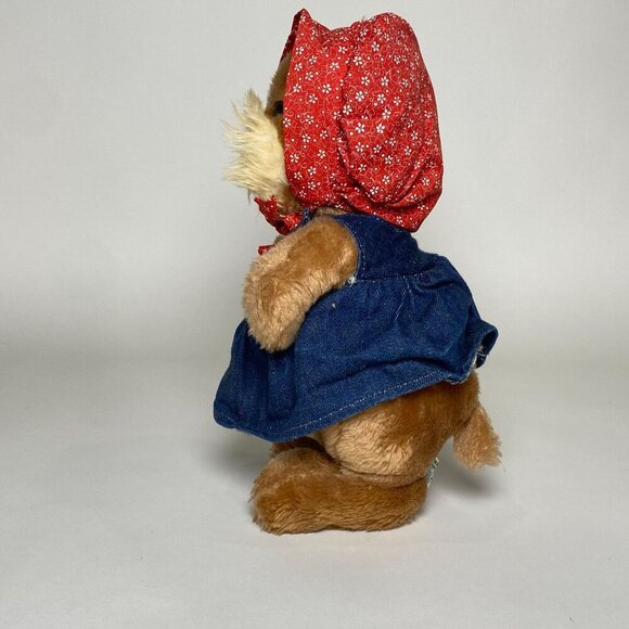 1981 Dakin Plush Puppy Dog Stuffed Animal w Red Bonnet Denim Dress Vintage - Picture 3 of 8
